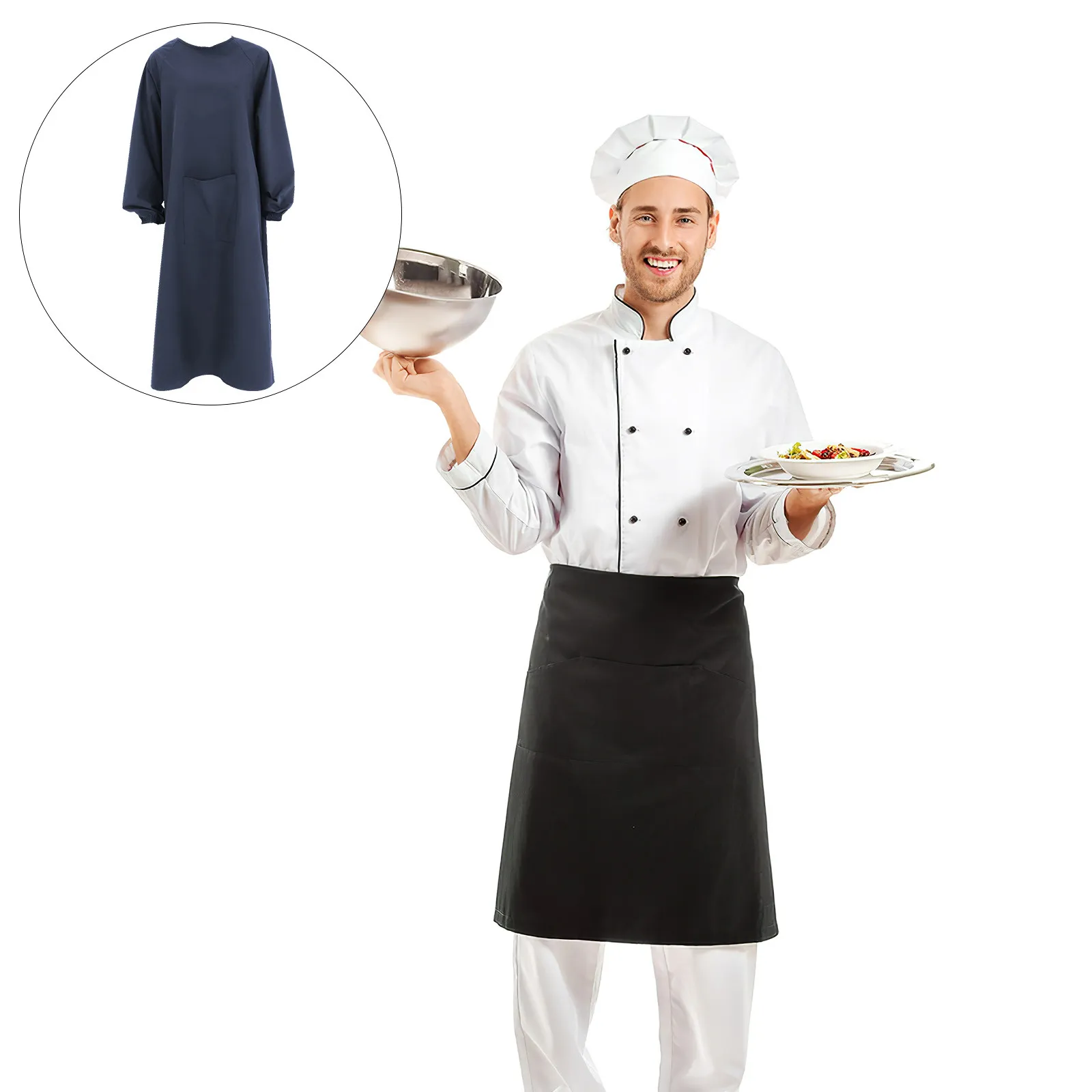 Waterproof Oilproof Apron Long Sleeves Dark Blue Back-to-Front Design Kitchen Cooking Cleaning Gardening Heavy Duty Protective