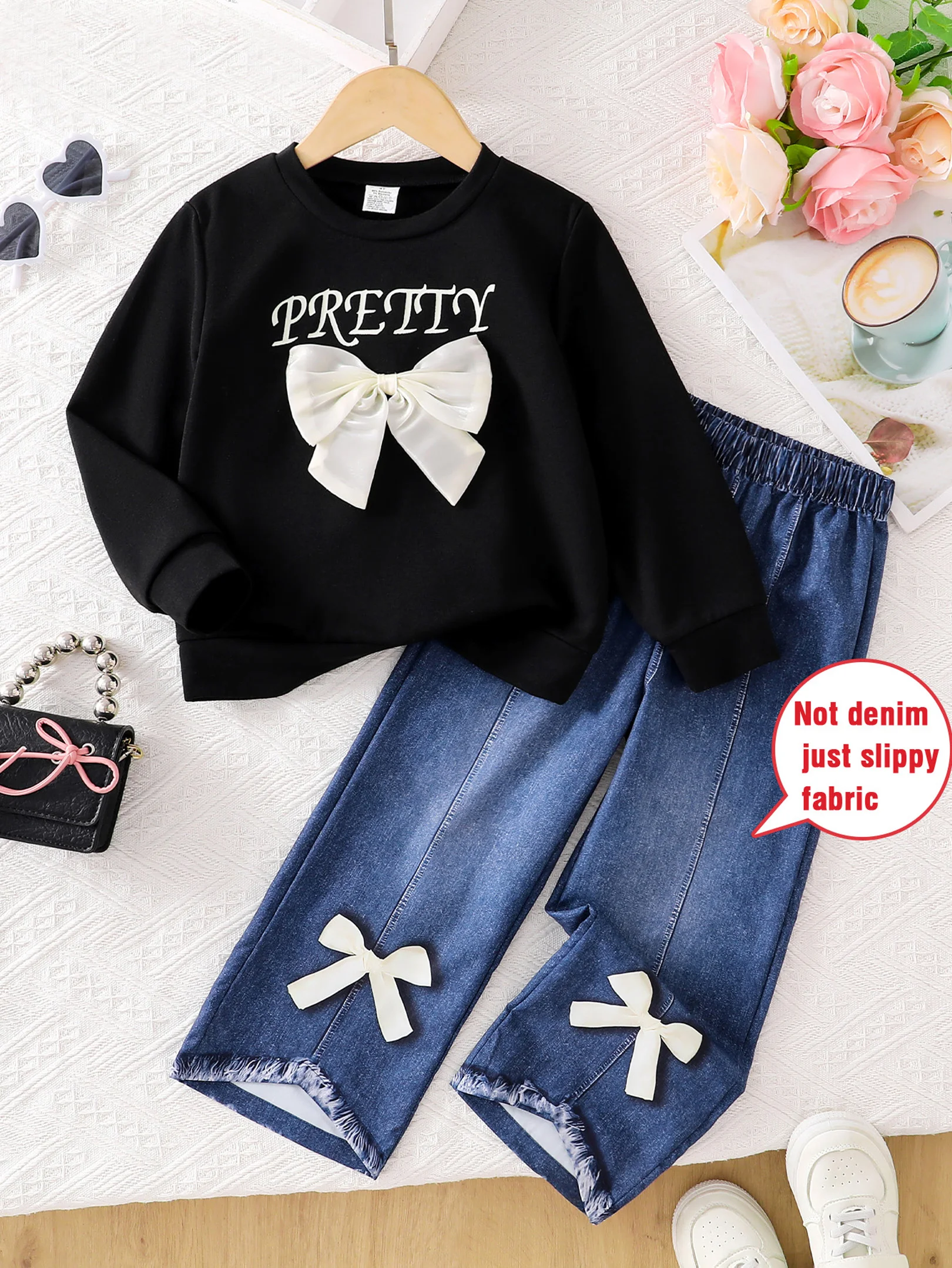2-Piece Set of Simple and Trendy Spring and Autumn Clothing for Girls: Bow-Knot English Letter Print Round-Neck Long-Sleeve Ribbed Sleeve Outerwear + Bow-Knot Print Faux Denim Pants, Outdoor Stylish and Youthful Casual Clothing for Girls
