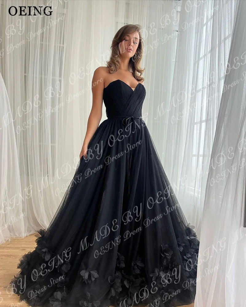 OEING Black A-Line Prom Dresses Strapless Sweetheart Floor-Length Party Gowns Soft Tulle Vestidos de noche Customized