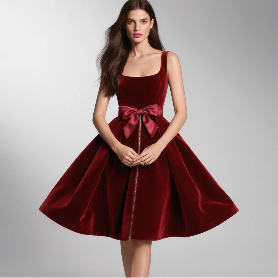 

Elegant Velvet Wedding Guest Dress A-Line Sleeveless Square Neck Bow Knee Length Formal Gown