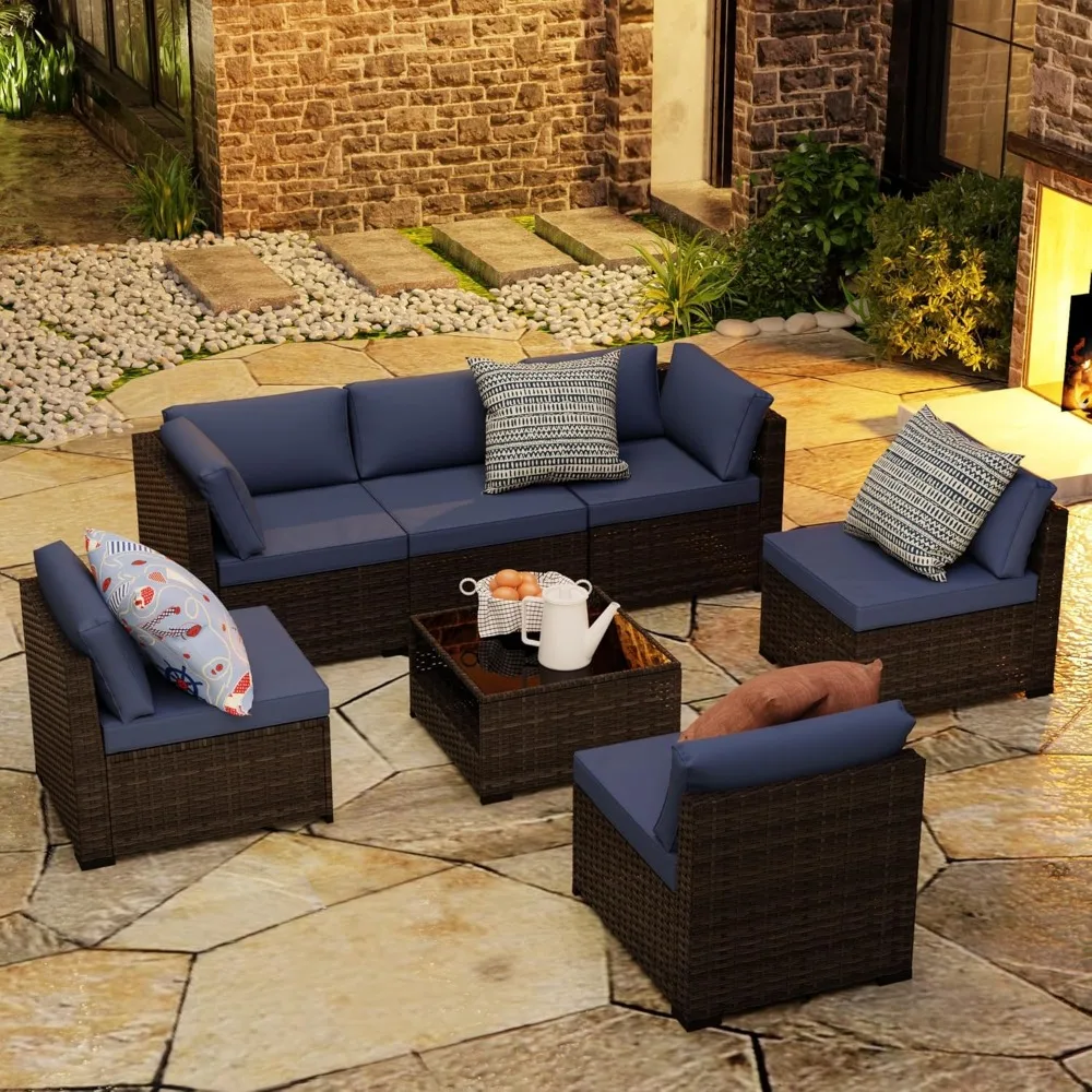 Patio Furniture Set, 7 Piece Outdoor Sectional Sofa Set with 2-Layer Coffee Table, PE Rattan Wicker Sectional Conversation Set