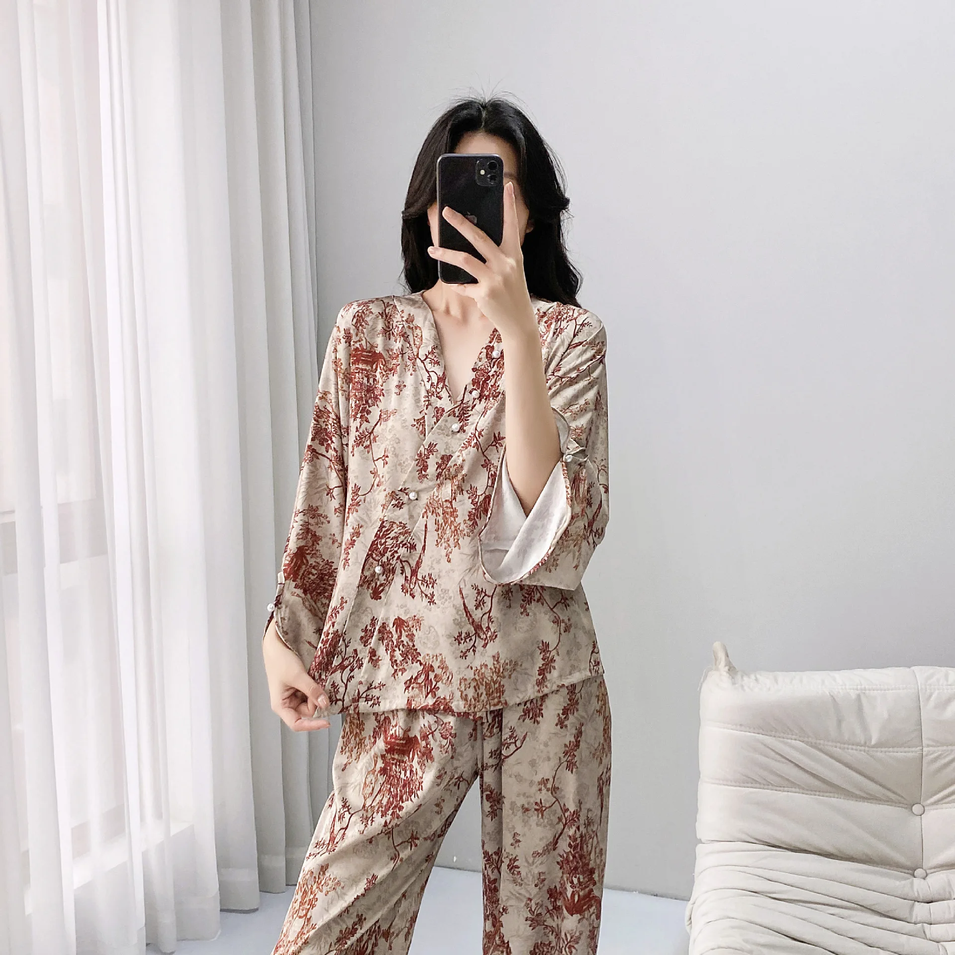 

Spring New Female 2PCS Pajamas Set Loungewear Print Long Sleeve Trouser Pijamas Suit Loose Satin Homewear Sleepwear