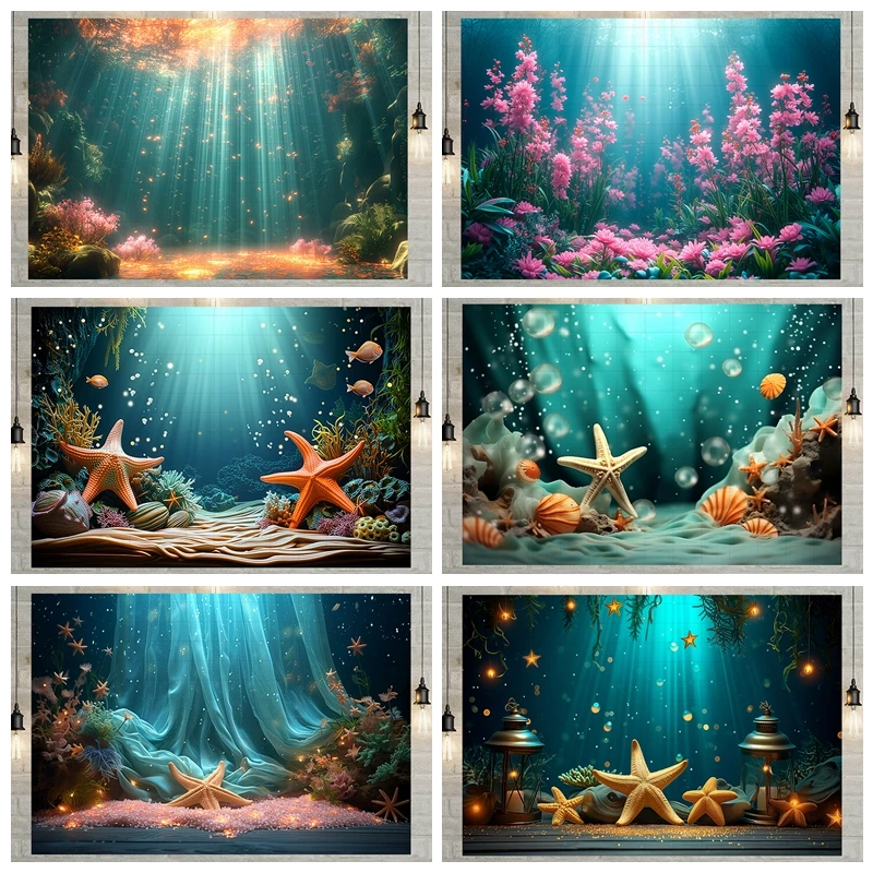 Underwater World Starfish Photography Backdrop Boy and Girl Birthday Party Background Portrait Photographic Photo Studio Prop