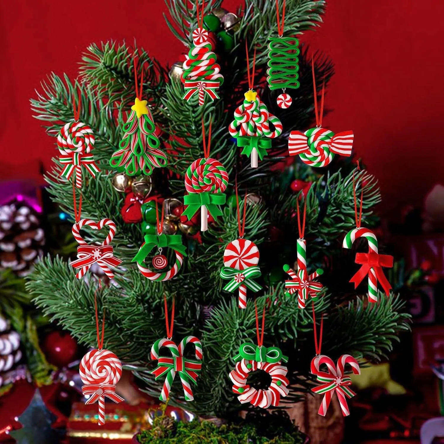 16 Stück Mini-Weihnachtszuckerstangen-Ornamente aus Polymer Clay, Pfefferminz-Lollipop-Anhänger, Weihnachtsbaum-Hängedekoration – Detail 4