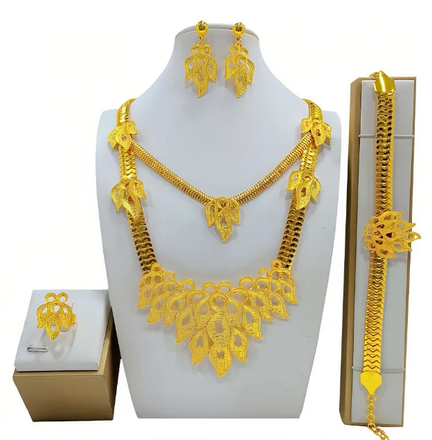 

Fashion African Dubai Gold Color Copper Round Necklace Earrings Jewelry Sets For Women Nigerian Bridal Party Ethiopian Jewellery
