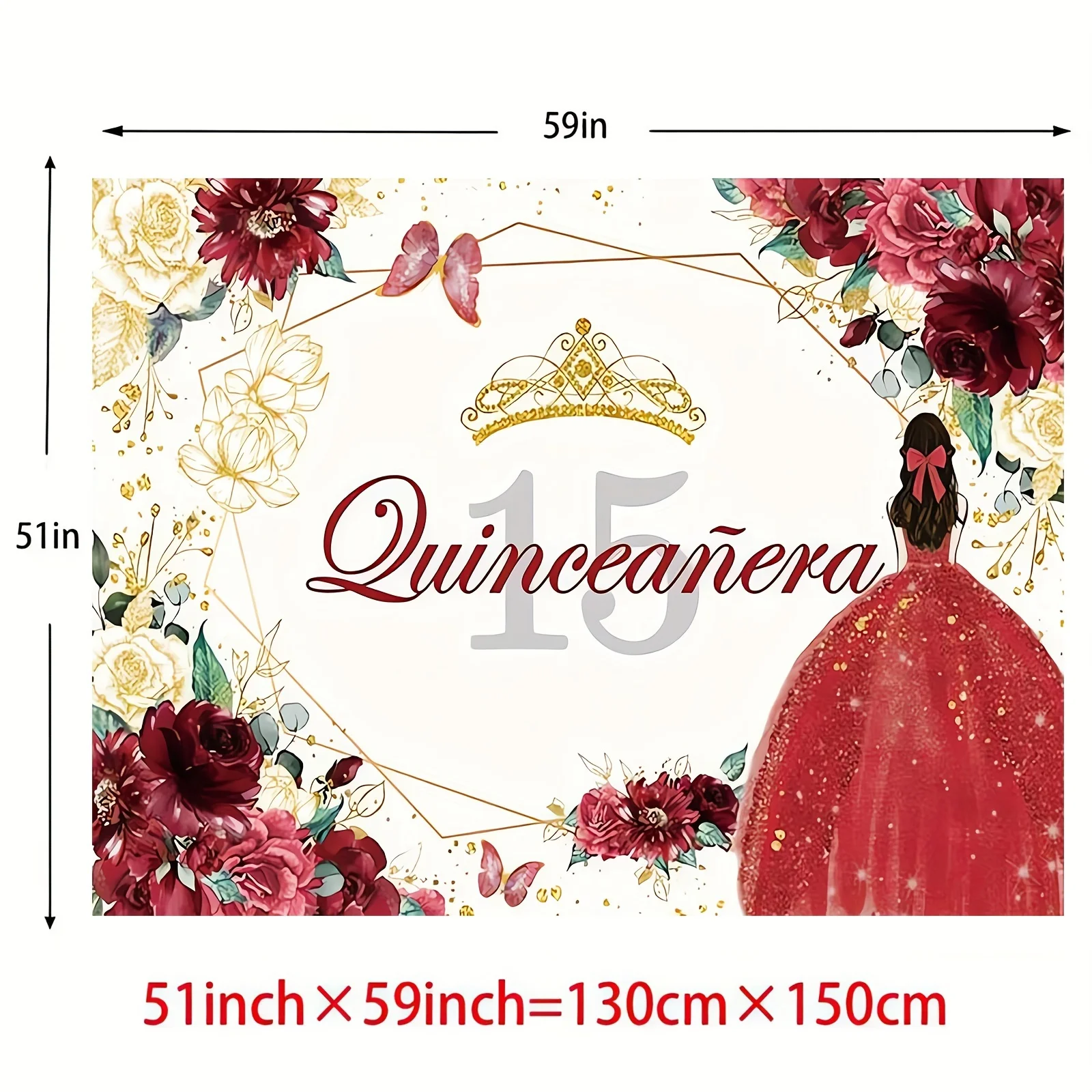1pc,  Quinceanera 15th Birthday Backdrop For Sweet Mis Quince Anos Party Decorations Red And Gold Glitter Floral Crown Butterfly