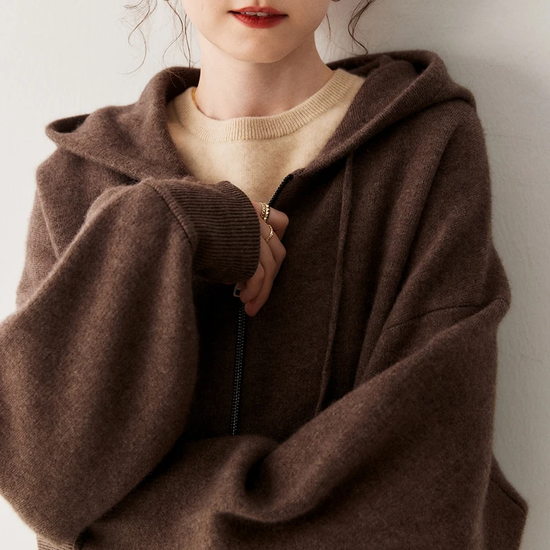 

Luxury Women's 100% Cashmere Zipper Hooded Long Sleeved Color Blocked Cardigan Autumn Winter Casual Comfort Thick Sweater Top