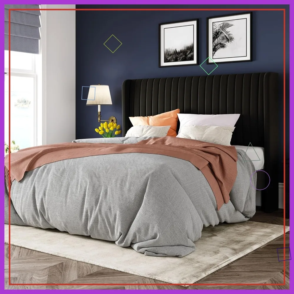 Estrutura de Cama Queen Size em Veludo com Cabeceira Estofada, Estrado de Madeira, Montagem Fácil, Preto