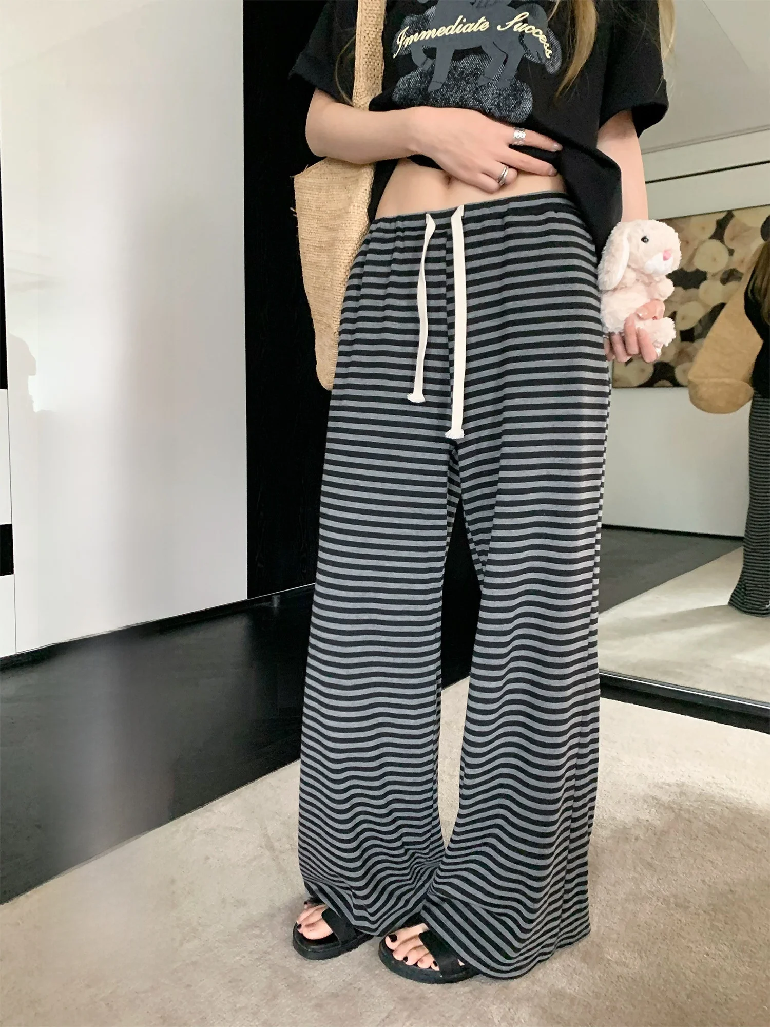 

Yuzuqi Women's Knitted Casual Pants Loose Fit Striped Drawstring Lazy Style Drapey Straight Leg Trousers Daily Wear