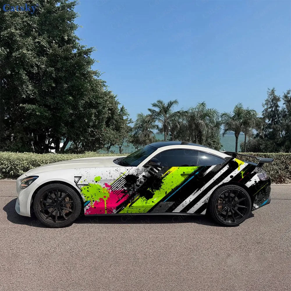 2pcs Diagonal Brush Stroke Splash Spot Car Side Wraps, Self-Adhesive PVC Waterproof & Scratch-Resistant Stickers, Car Accessory