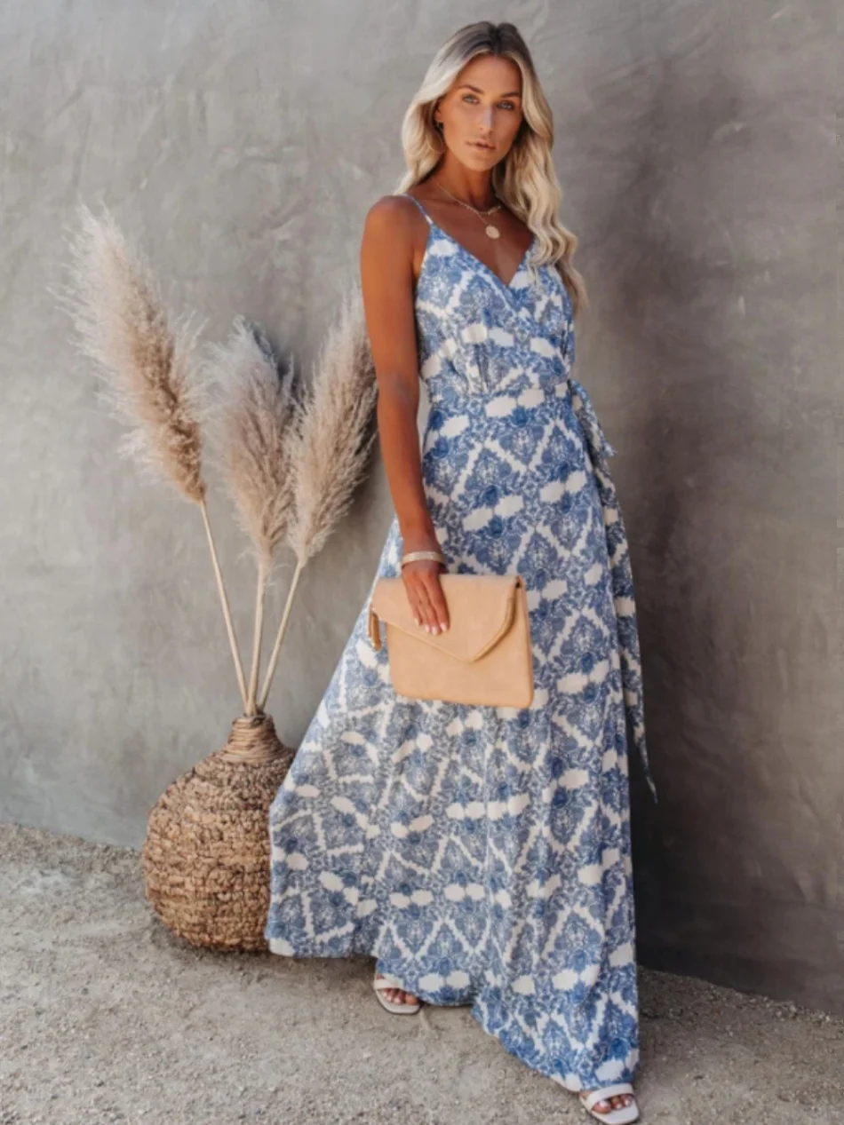 เดรสยาวลายดอกไม้พิมพ์ลายสไตล์เซ็กซี่แบบสายเดี่ยว ทรงเอไลน์เอวสูง ความยาวปานกลาง สำหรับผู้หญิง รุ่นใหม่ล่าสุดประจำฤดูร้อน