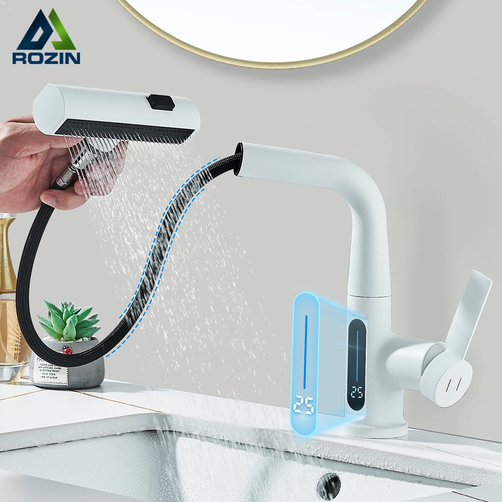 Digital Display Basin Faucet Pull Out Lifting Bathroom Faucets 3 Ways Nozzle Rainfall Stream Sprayer Hot Cold Water Mixer Tap