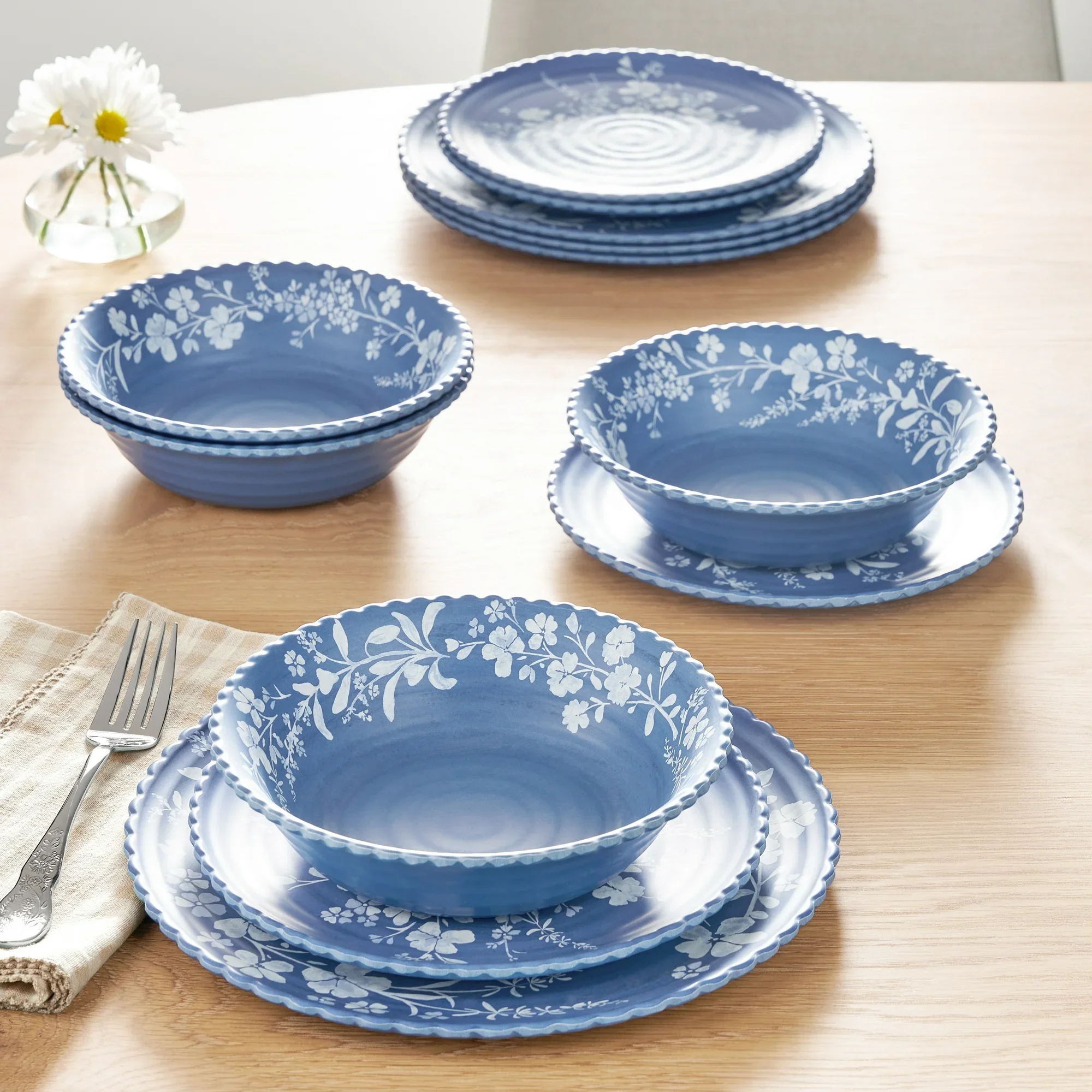 

12-Piece Bamboo Melamine Dinnerware Set, Blue Daisy Pattern, Eco-Friendly Tableware for Home, Kitchen, Outdoor, Parties