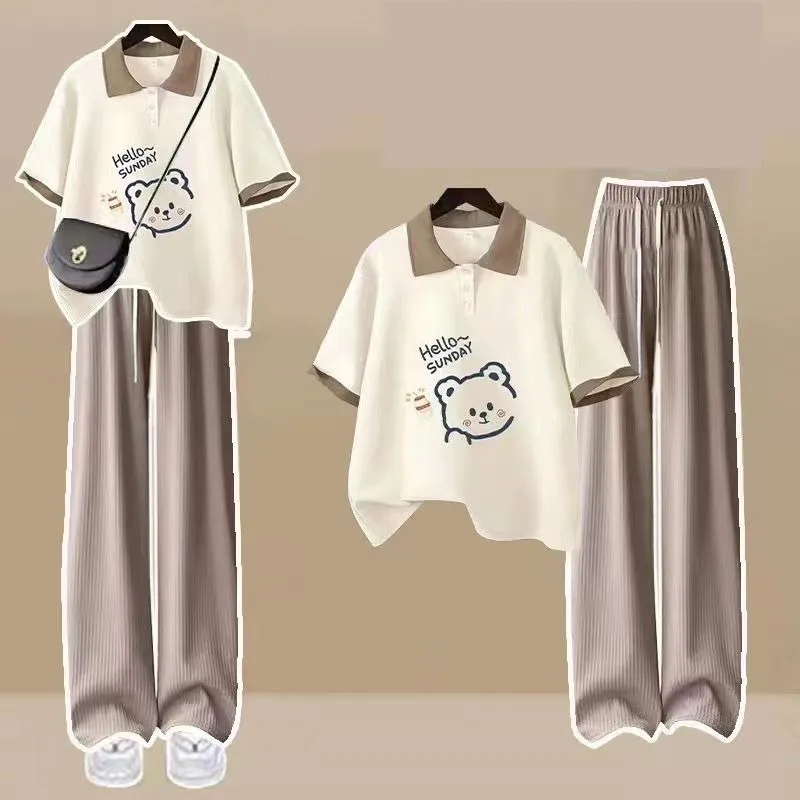 Women\'s Summer New Cartoon Loose Tracksuit Matching Set Korean Loose Bear Polo Short-sleeve T-shirt+Wide Leg Pant Two Piece Suit