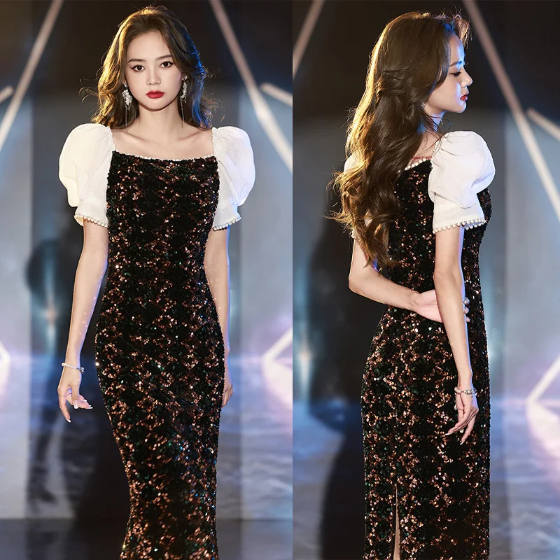 

It's Yiiya Customized Evening Dress Square Collar Zipper Back Sequins Tea-Length Mermaid Plus size Woman Party Formal Gown A2887