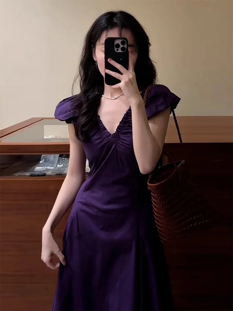 

ROUJE KEFSS Purple V-Neck Dress Slimming Long Skirt Summer Commute Style Bubble Sleeve Waist-Cinching Elegant A-Line Dress
