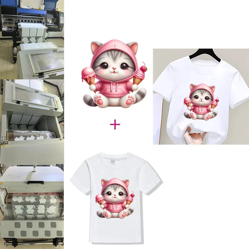 Cute cat is wearing a pink party sweatshirt flower dtf transfers ready to press patches for kid clothing iron on heat transfer