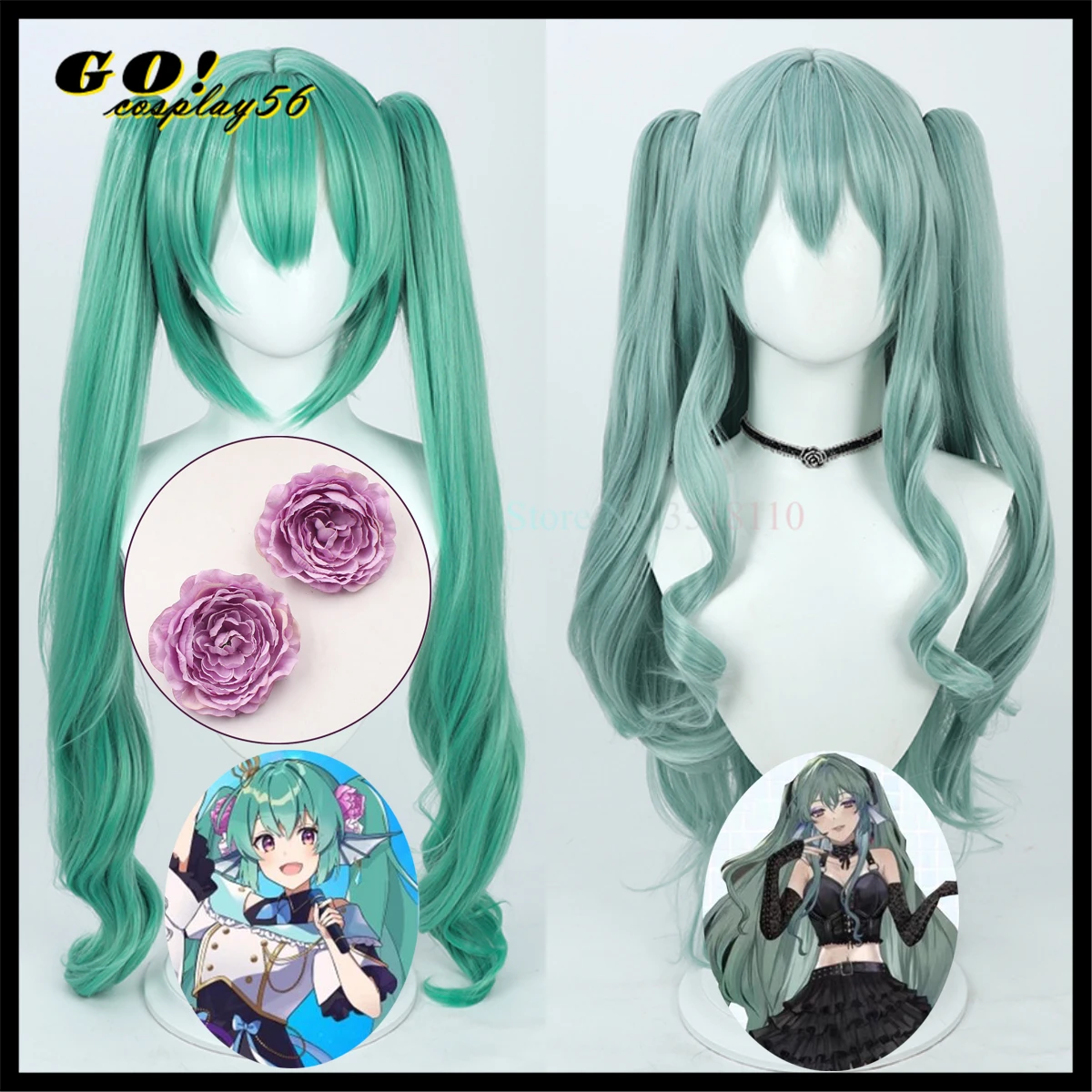 

Finana Ryugu Cosplay Wig Ponytails Green Short Bangs Long Curly Wavy Synthetic Hair NIJISANJI Vitual Idol Vtuber Girls Headwear