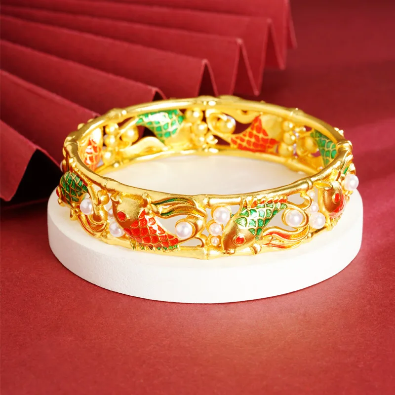 

Luxury 24K 9999 Pure Gold real gold Women's enamel hollow pearl mosaic koi buckle bracelet