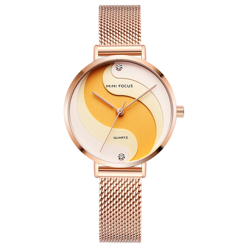 MINI FOCUS Women's Classic Milanese Watch, Japanese Quartz Movement, Minimalist Crystal Face, Stainless Steel Mesh Bracelet