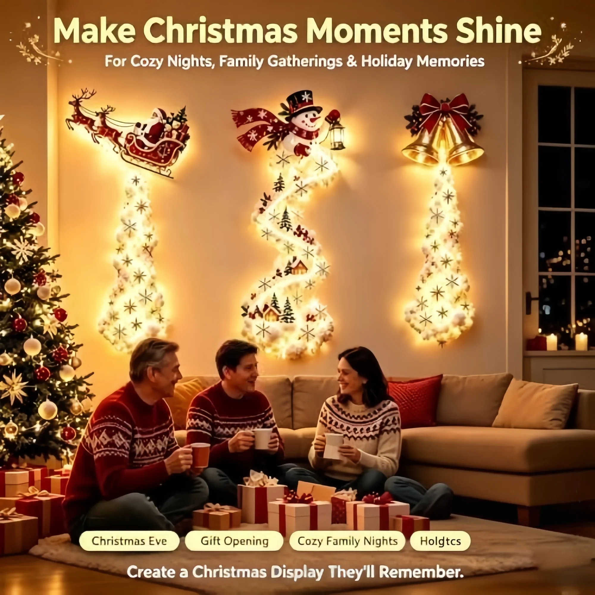 Christmas Magic Trail Wall Light-LED Glowing Christmas Scene Wall Decoration,Santa Sleigh Reindeer Hanging Decoration for Party