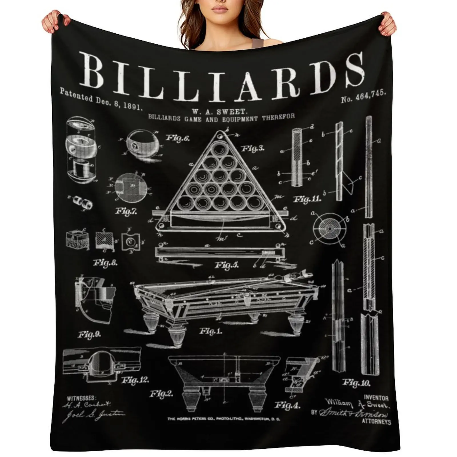 

Billiards Table Pool Cue Ball Vintage Patent Drawing Print Throw Blanket Sofa for winter Bed covers Luxury Designer Blankets