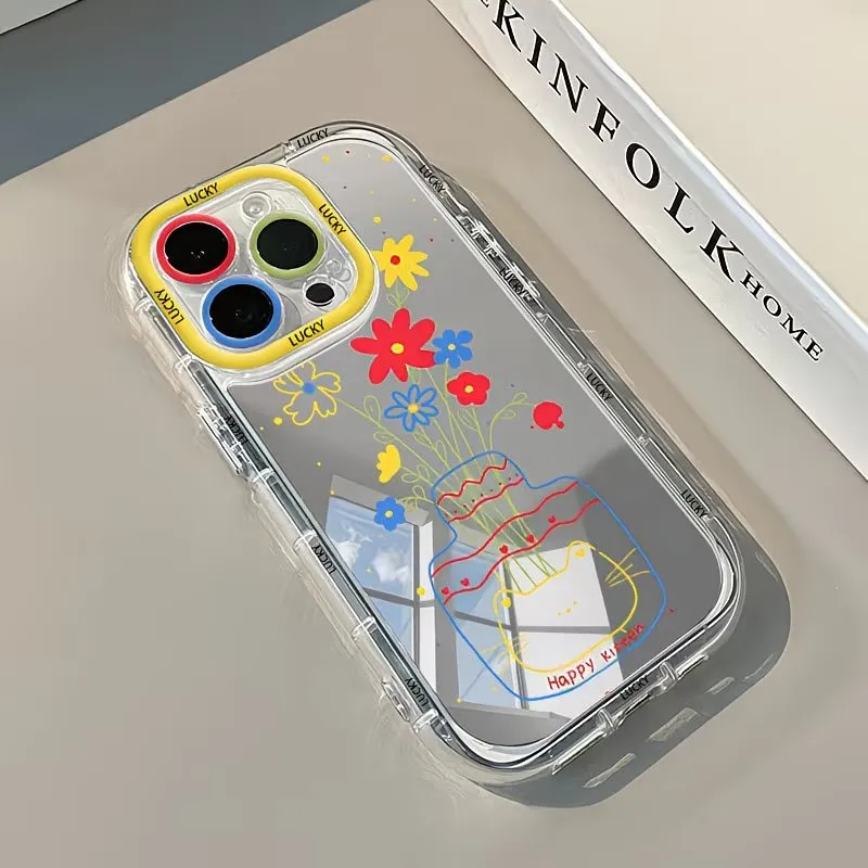Summer Daisy Cat Vase Design Mirror Phone Case For iPhone 17 13 11 12 14 15 16 Pro Max Plus 17E 16E XR XS 8 7 Plus SE Soft Cover view 2