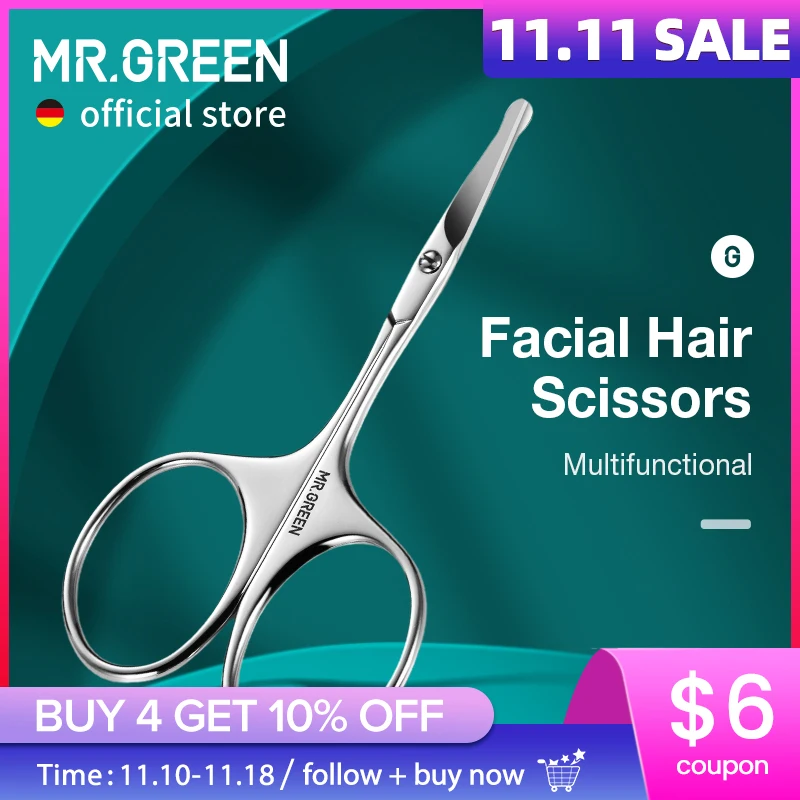 MR.GREEN Facial Hair Scissors Rounded Professional Stainless Steel Mustache Nose Hair Beard Eyebrows Eyelashes Trimming Clippers