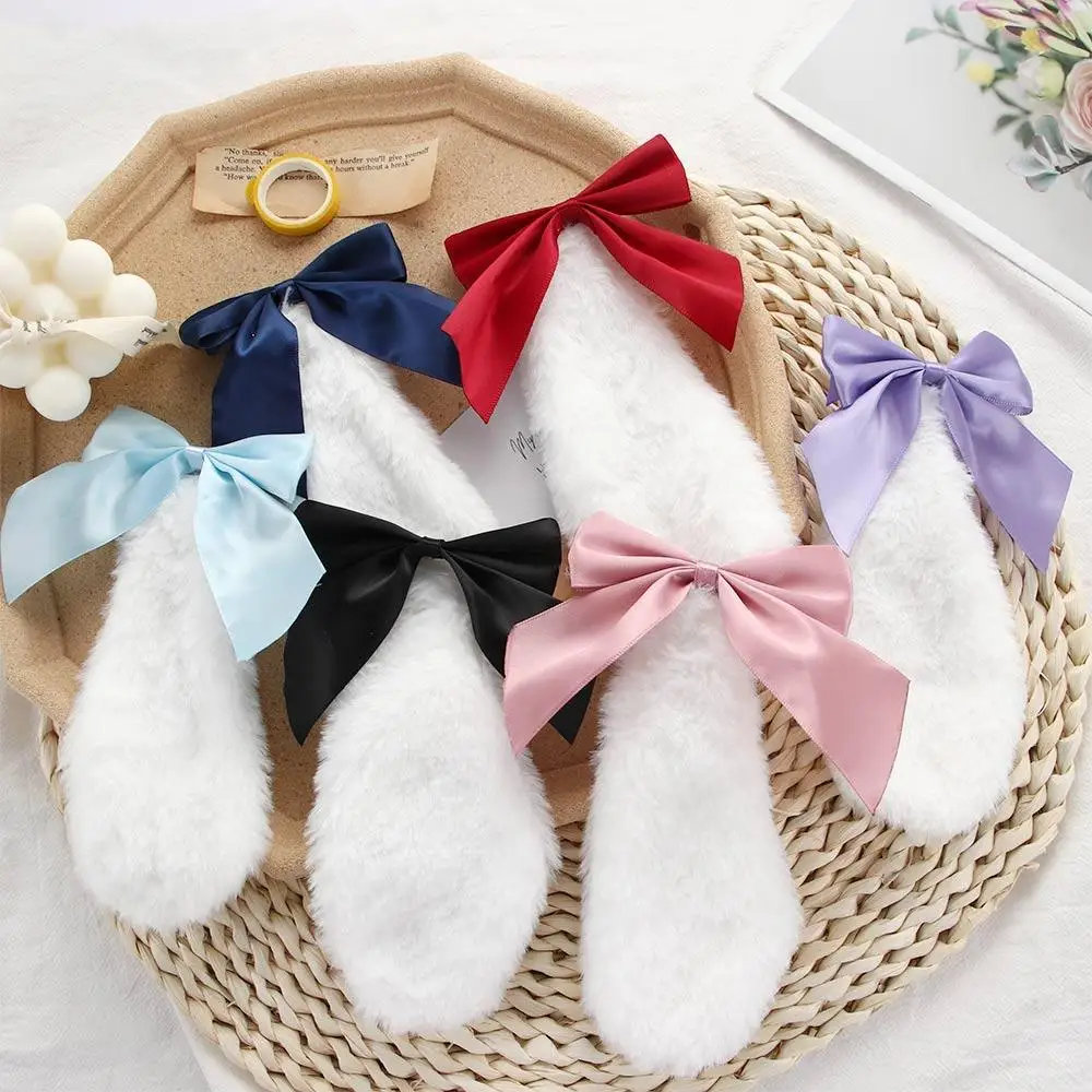 Kawaii Women Cosplay Bowknot Ribbon Candy Color Plush Lop Ears Rabbit Ear Hairpin Hair Clip Hair Accessories