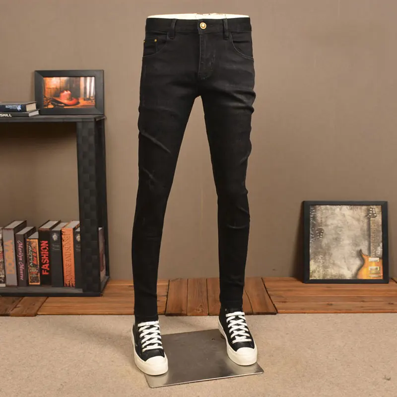 Jeans rasgado preto elástico para homens, calça lápis, jeans elástico, designer vintage, hip hop, moda de rua