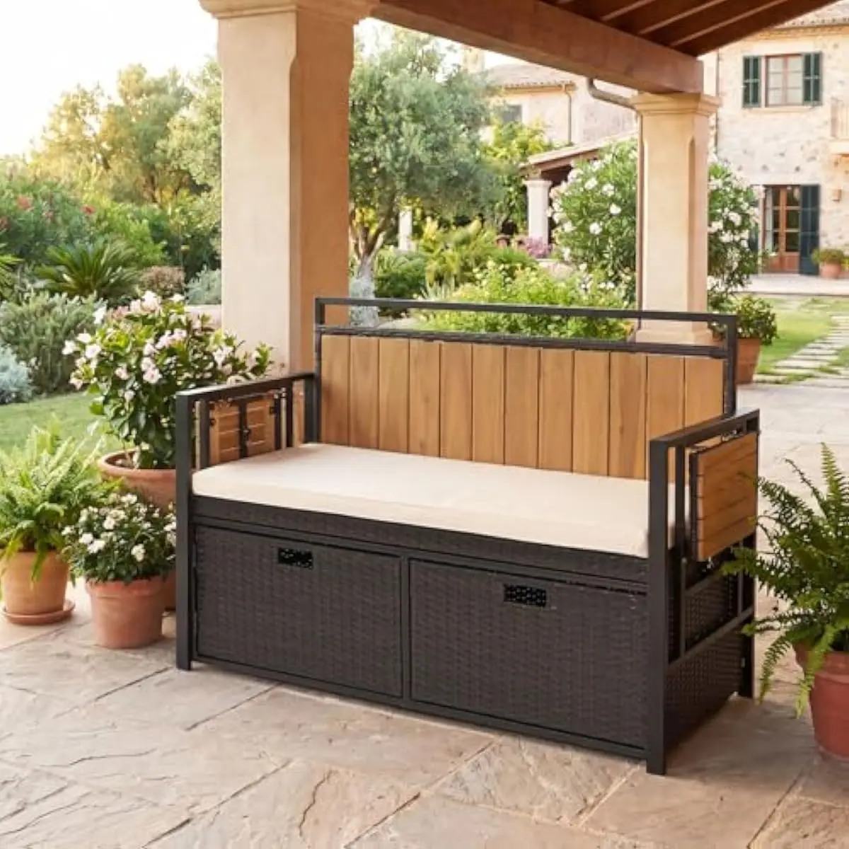 Outdoor storage bench with cushioned loveseat seating, acacia wood backrest, dual folding side tables, two magnetic-closure door