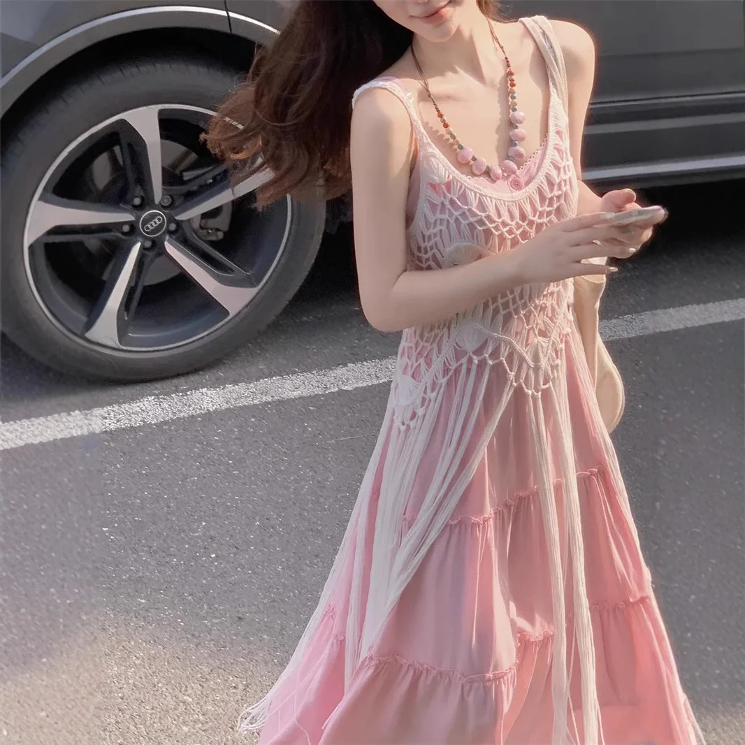 

Pink Summer New Style Beach Vacation Lace Trim Blouse And Skirt Set Women's Gentle Strap Dress Three Piece Set Polyester Fabric