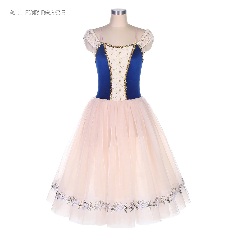 19836  New Blue Velvet Boidce With Gold Trim Ballet Dance Long Dress For Girls/Women Stage Performance Dance Wear