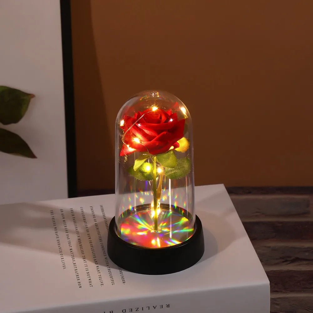 Artificial Flowers LED Red Rose Creative Valentine\'s Day Gift Rose in Glass Cover with Stand Light Up Rose Wedding Galaxy Rose