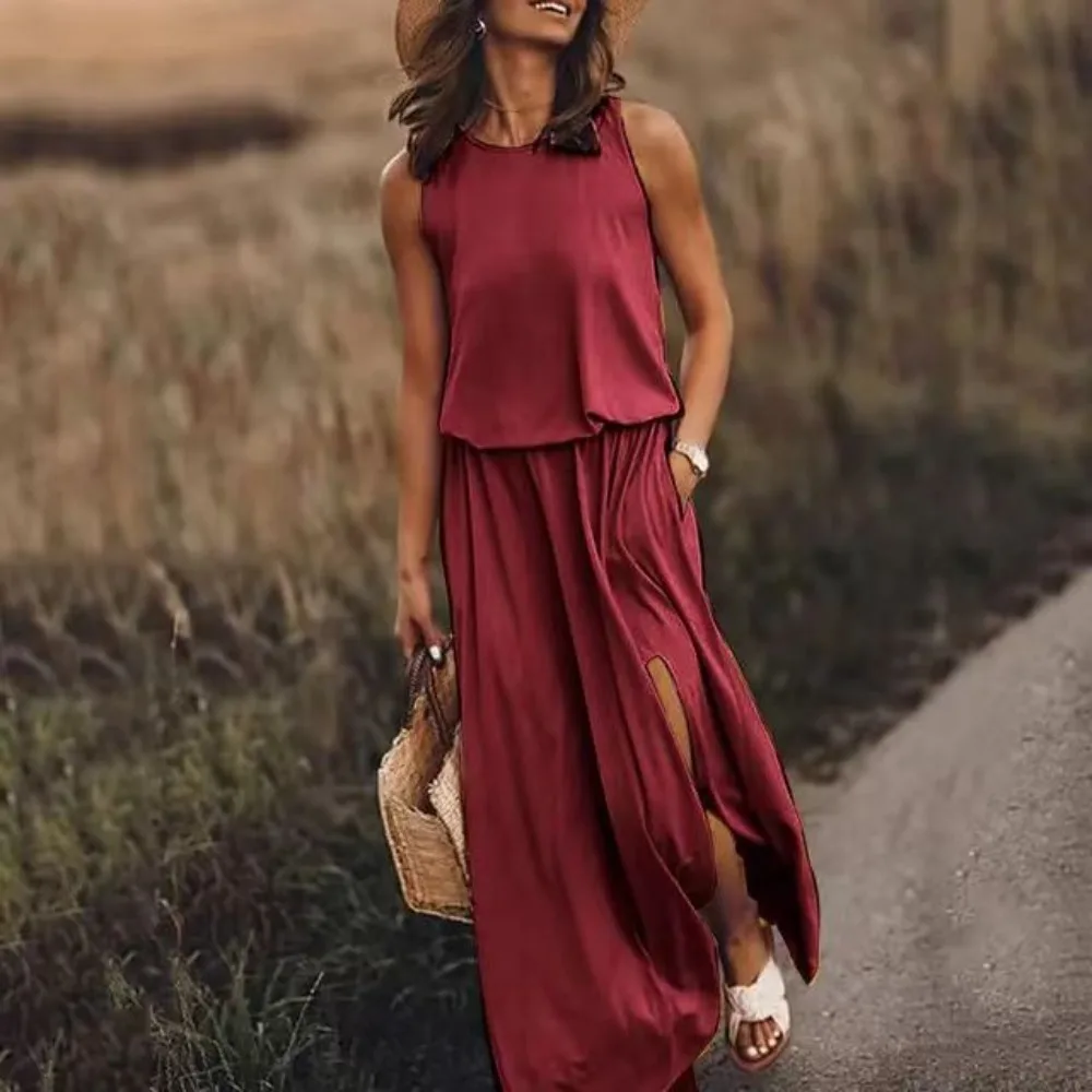 

Women's Boho Sleeveless Spaghetti Strap Maxi Dress Round Neck Split Lantern Hem Flowy Summer Beach Vacation Casual Long Dress
