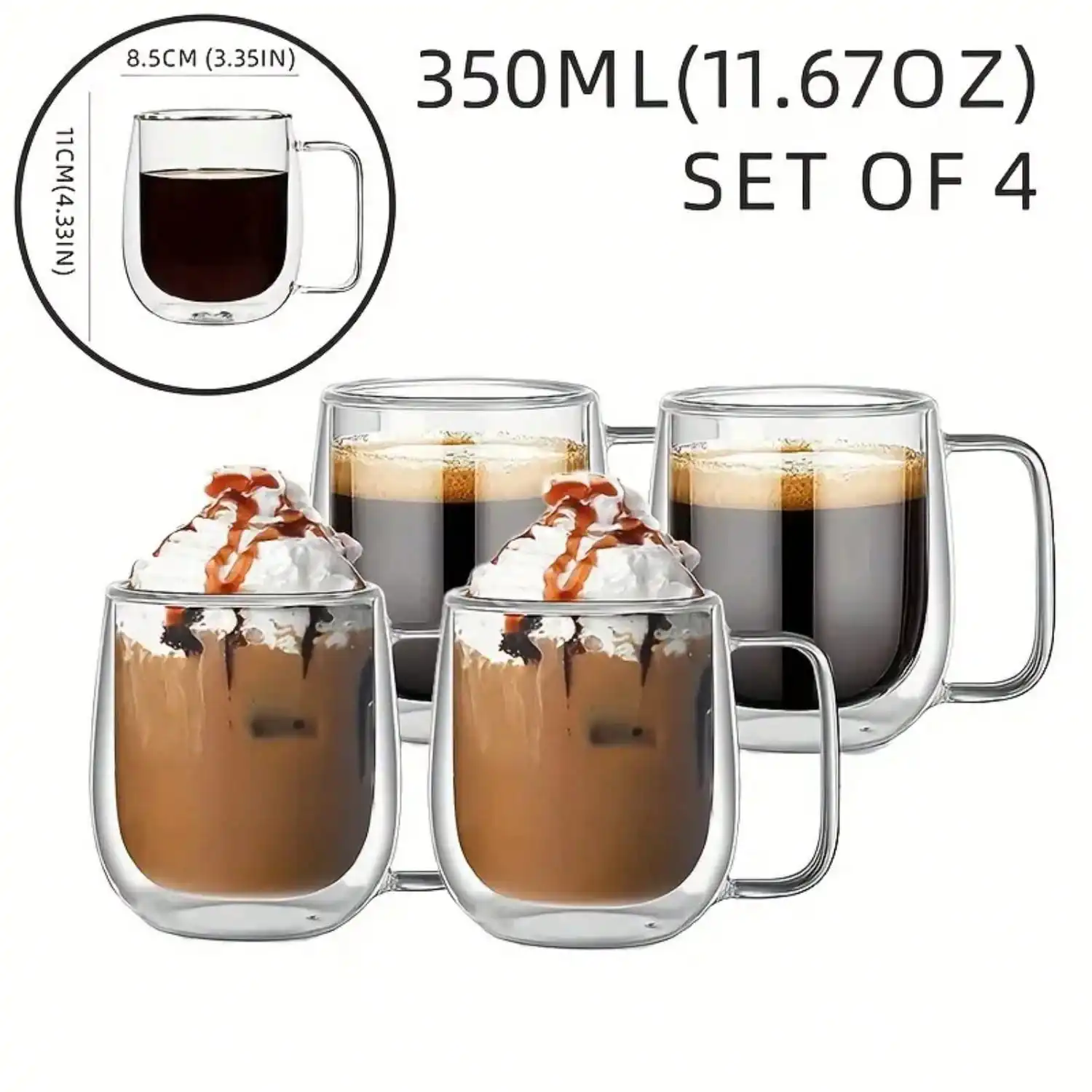 4-Piece Double Walled Glass Coffee Cup With Handle, Transparent Double-Layer Insulated Glass Cup, Perfect For Various Hot And Cold Drinks Such As Espresso, Latte, Cappuccino, Tea, Iced Americano, Etc. | Modern Glassware SH25022586644393756