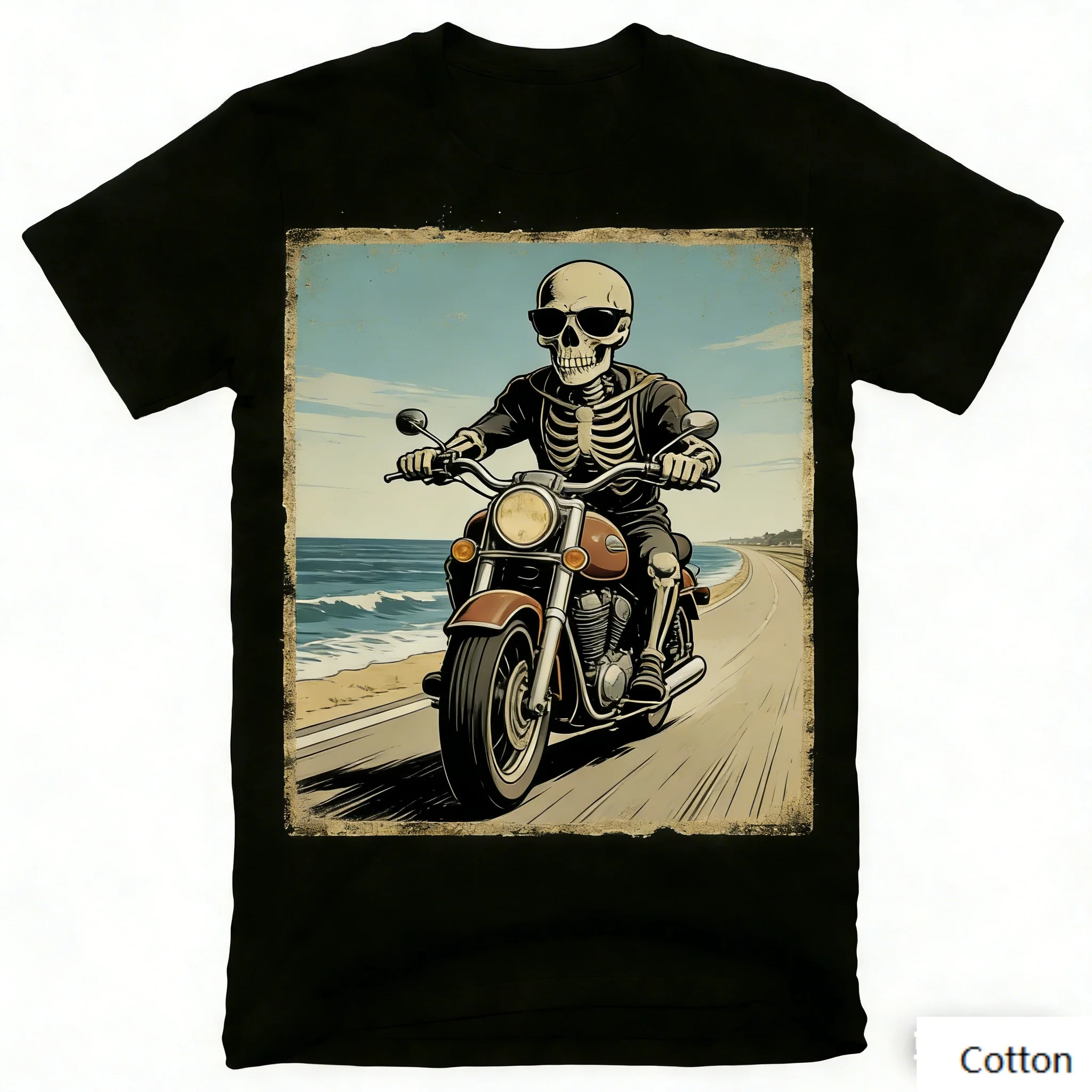 Vintage Flame Skeleton Biker Graphic T-Shirt V-Twin Engine Tire Print Cotton Short Sleeve Casual Unisex Tee Retro Motorcycle