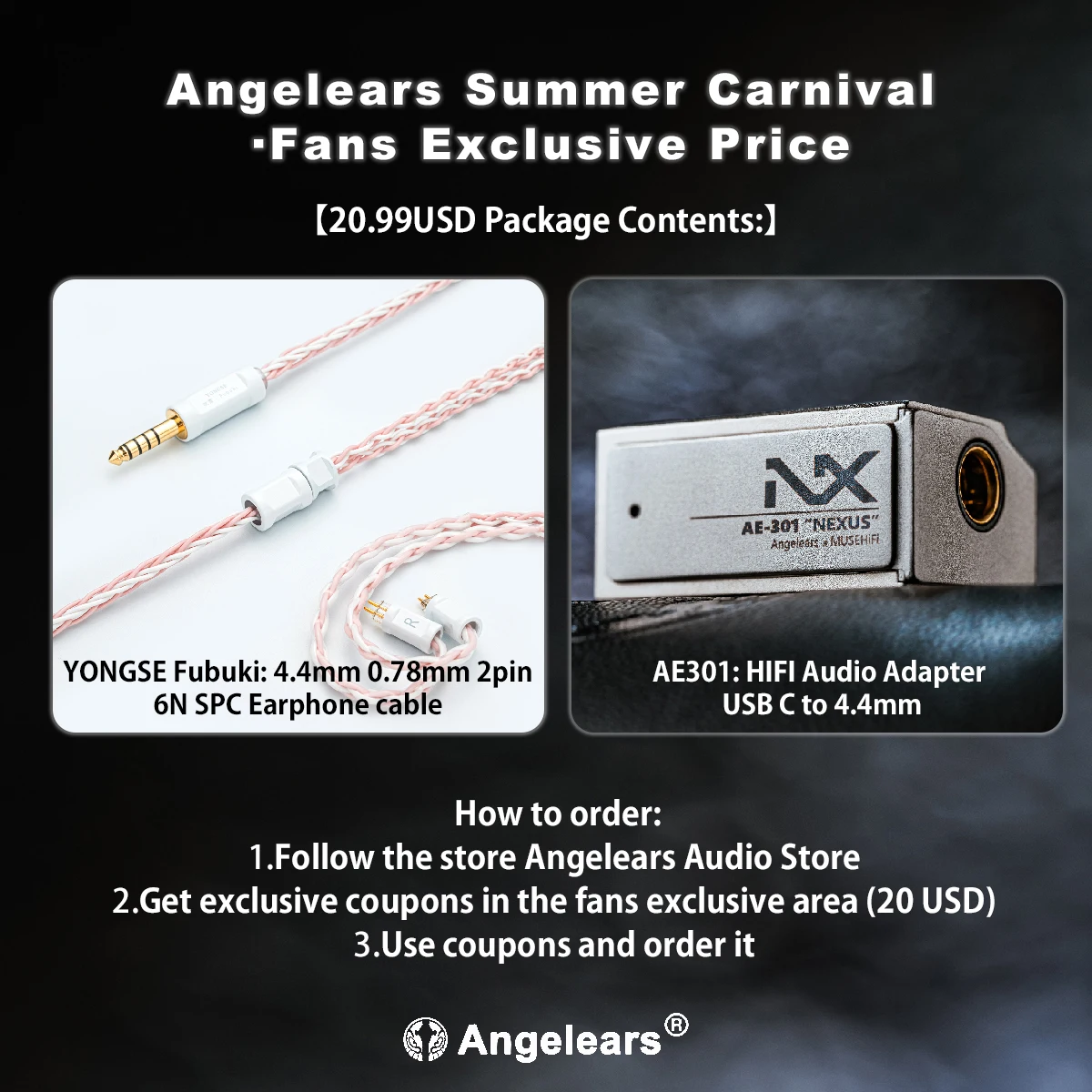 YONGSE Fubuki 6N SPC  Earphone cable + Angelears AE301 HIFI DAC Headphone Amplifier USB C to 4.4mm Audio Adapter CX31993