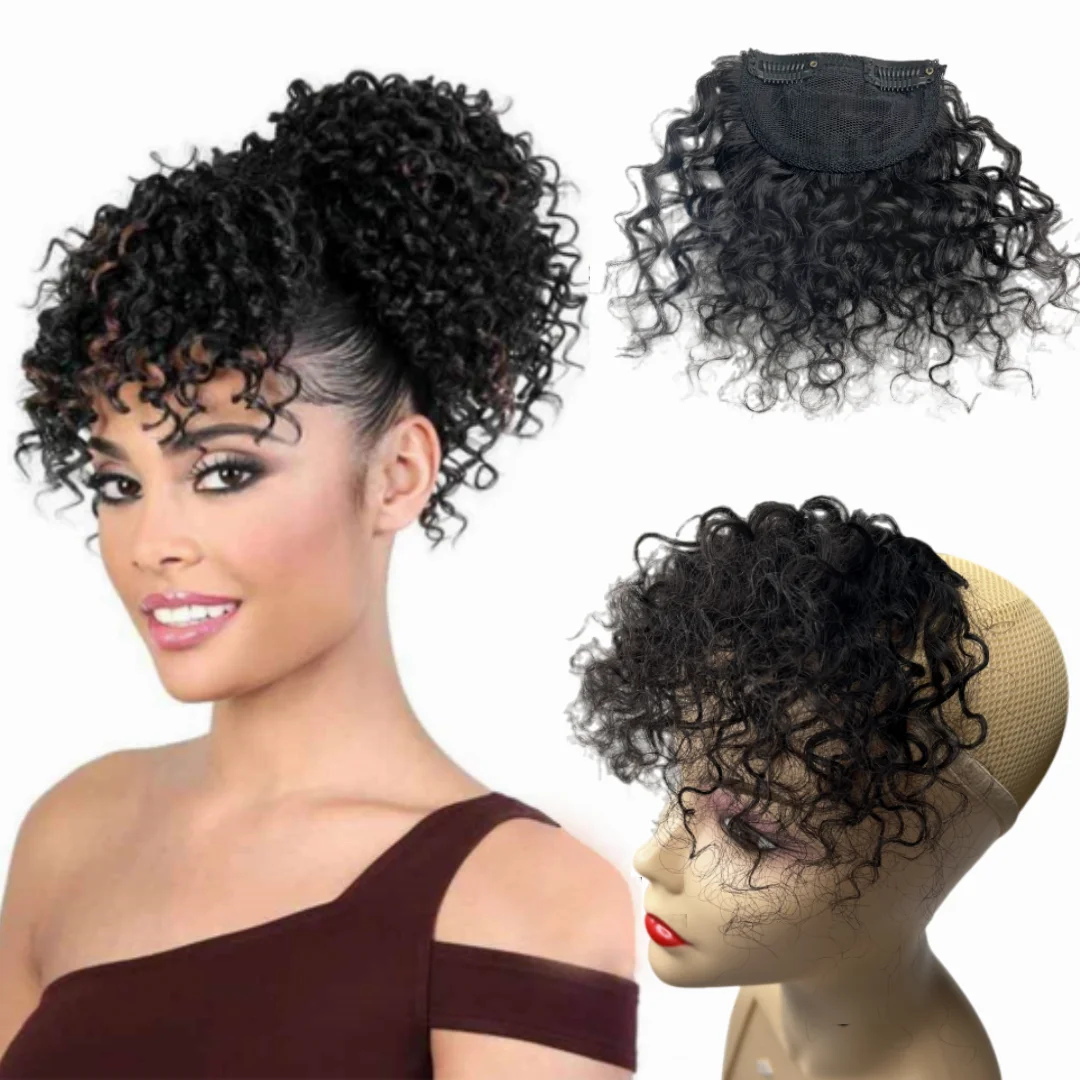 Curly Bangs for Black Women Short Afro Kinky Curly Bangs 2 Clips in Brazilian Human Hair Bangs Fluffy Puff Extension Hairpieces