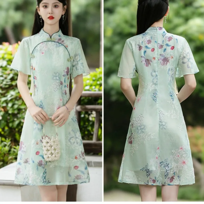

2025 Chinese Qipao Improved Cheongsam Dress Women Traditional Short Sleeve Asian Dress