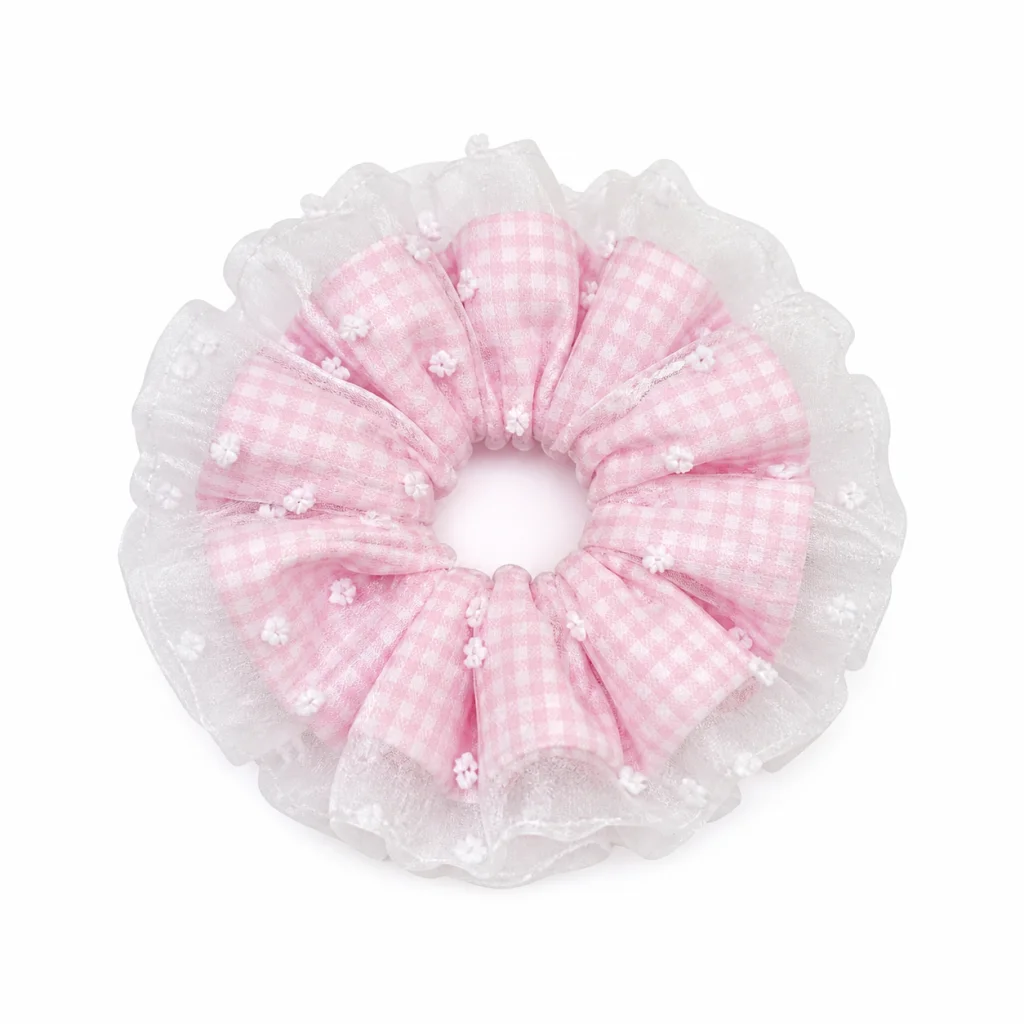 blush-gingham-dotted-organza-ruffle-single-layer-scrunchie-handmade-hair-tie
