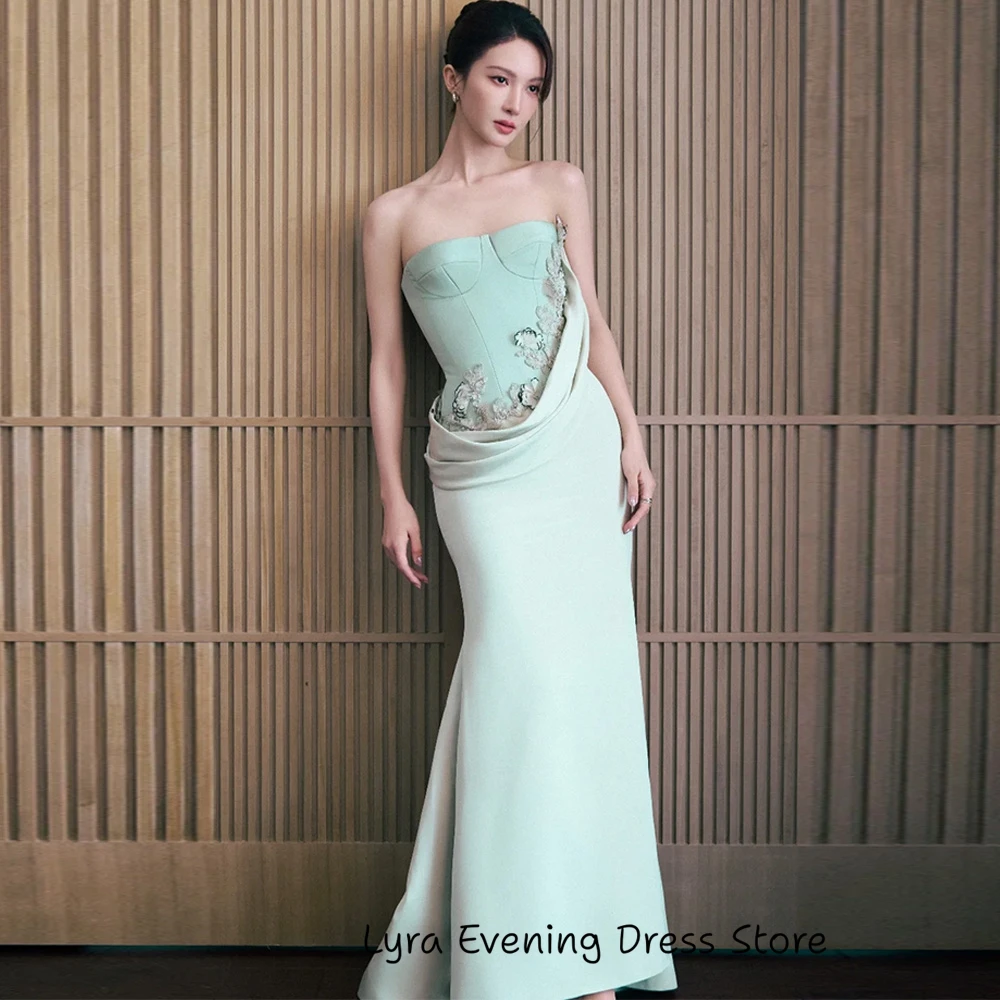 Mint Green Jersey Evening Dress Customized Strapless Prom Gowns Exquisite 3D Flowers Occasion Gown High Quality Party Dresses image 3