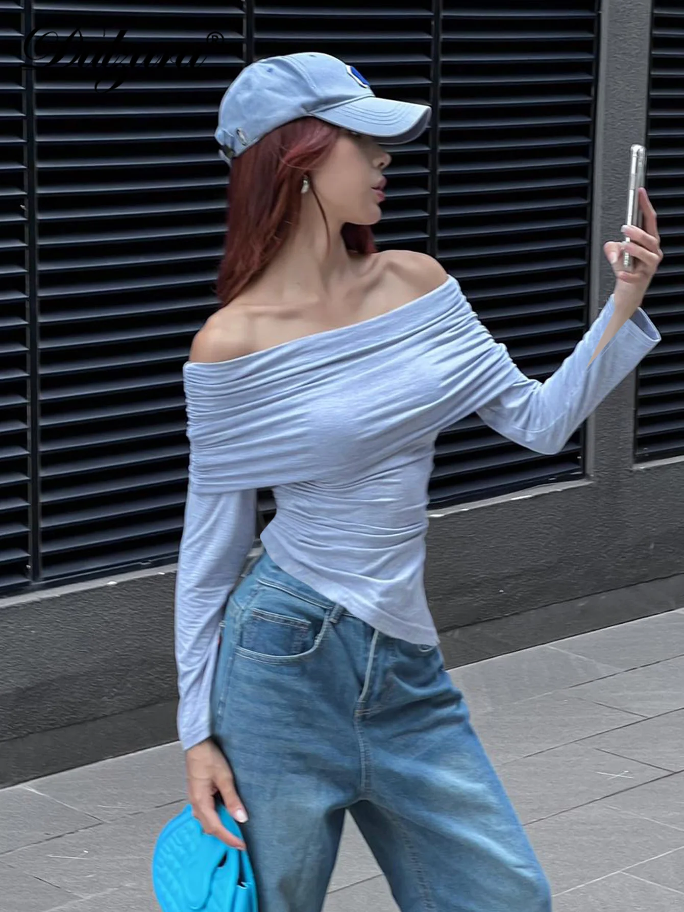 Dulzura Sexy Long Sleeve Tops T-Shirt Ruched Slash Neck Irregular Women Clothes Y2K Lady Evening Party Club Birthday Streetwear