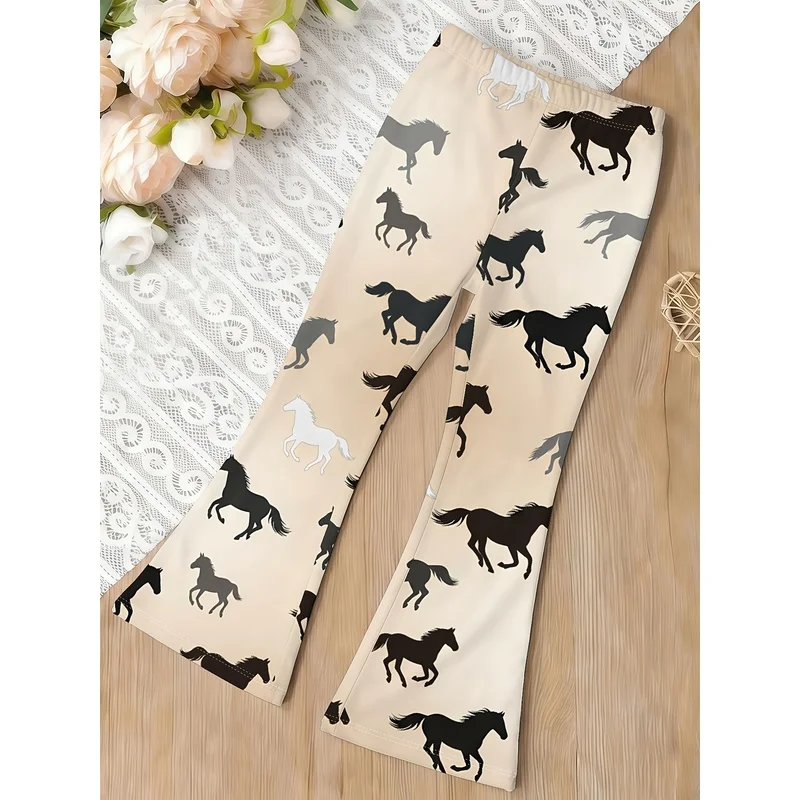 Bla & White Running Horse Print Girls' Slim Fit Bell-Bottom Pants 4-12Spring and Summer New Style Stretchy Slimming Flared Long