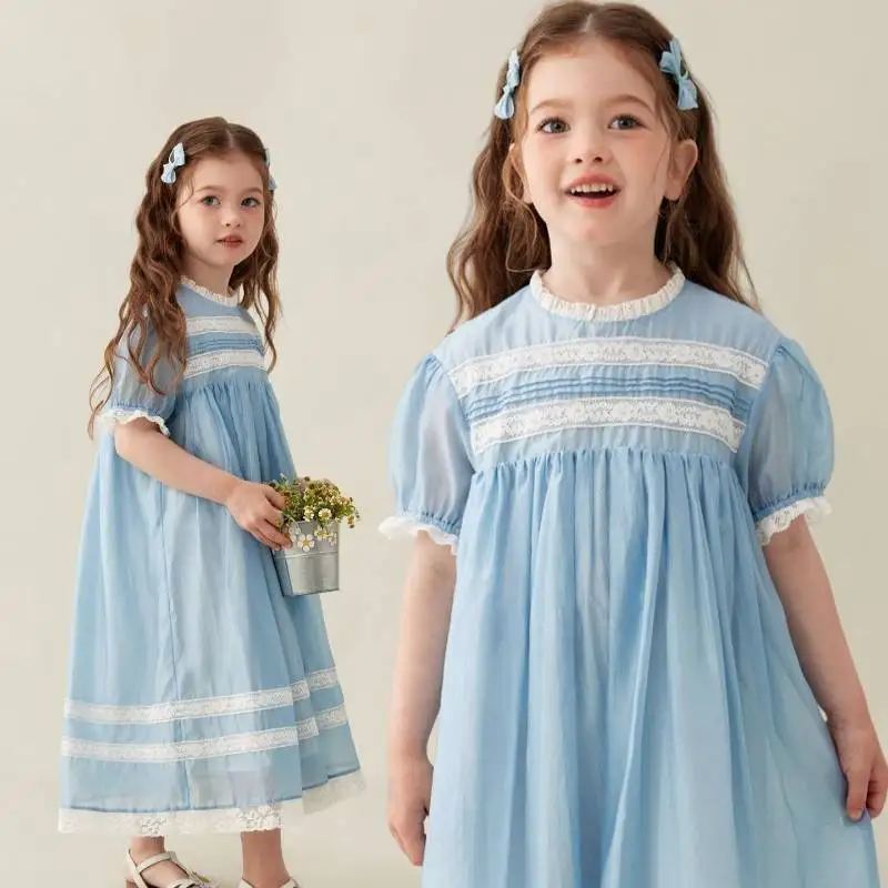 Vintage French Kids Summer Dress Delicate White Lace Splicing Puff Sleeve Loose Midi Sundress Sweet Little Girls Daily Outfit