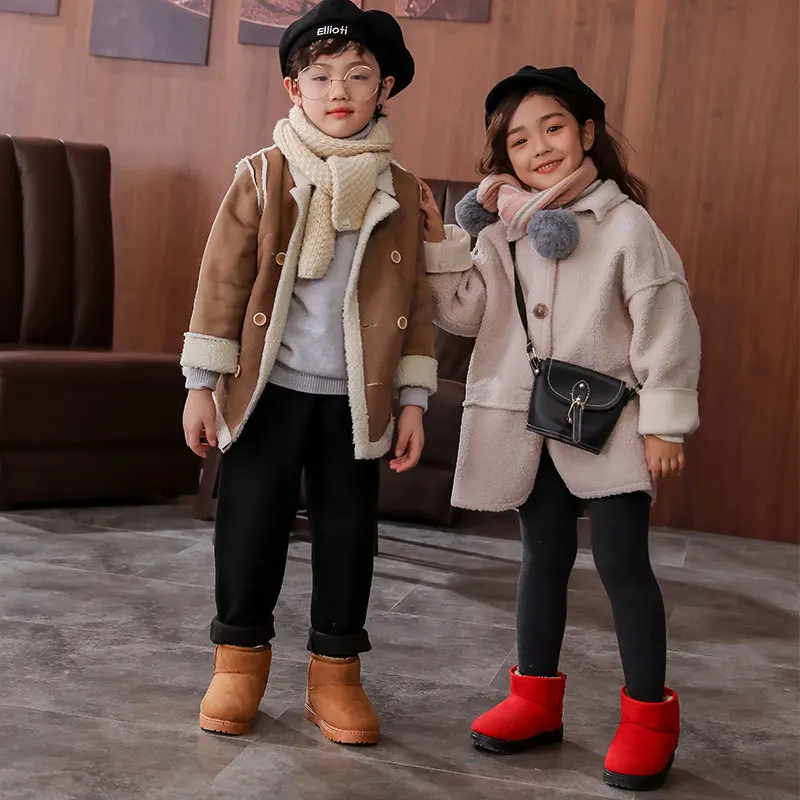 Kids Snow Boots Winter Solid Color Fashion Non-slip Cotton Boots Boys Girls Warm Plush Ankle Boots Casual Suede Children Shoes