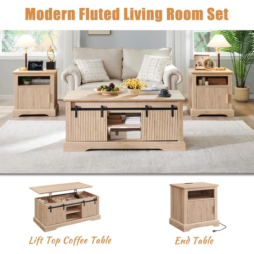 46" Fluted Lift Top Coffee Table with Sliding Door, Modern Center Table w/Adjustable Storage Shelf & Hidden Compartment