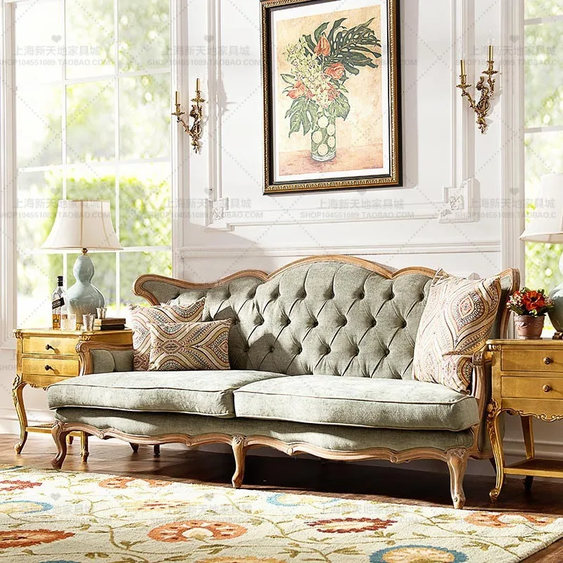American rural solid wood sofa chair antique buckle fabric sofa, French retro leisure sofa single double triple