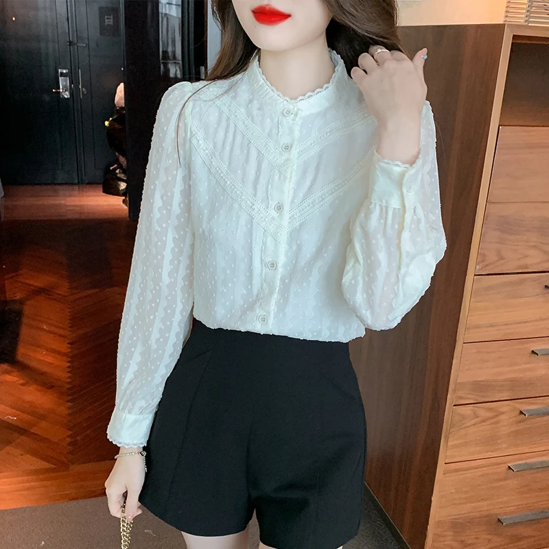 New Long Sleeve Blouse Women Stand Collar Apricot Chiffon Blouse Shirt Women Tops Blusas Mujer De Moda 2024 Shirts Blouses G421