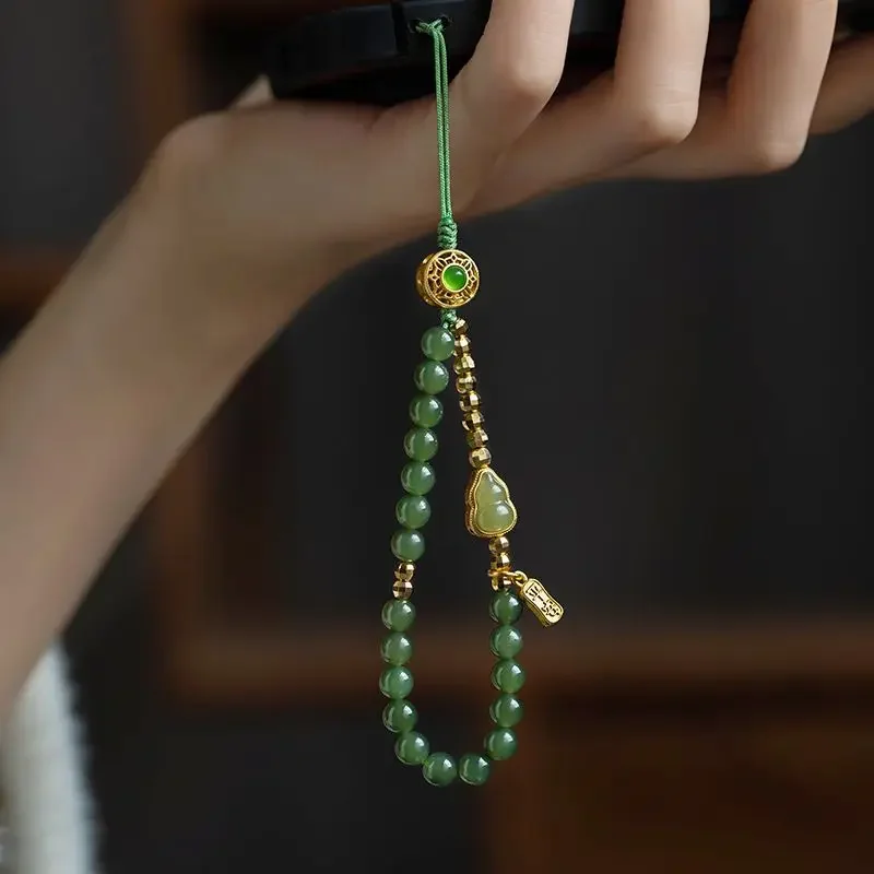 2024 Jasper Jade See Fulu Hetian Jade Gourd Mobile Phone Chain Pendant Wrist Lanyard Green High-level Artistic and Wenwan Women